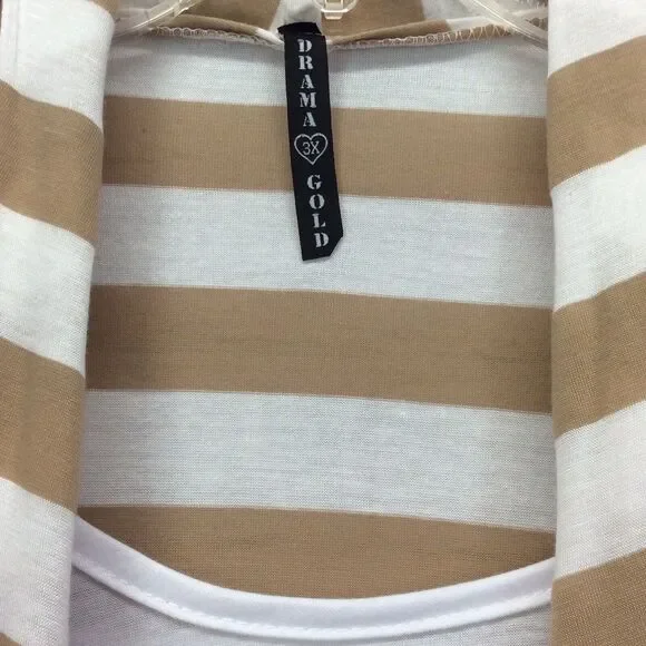 Drama Gold Layered Top Women's Size 3X Tan & White Stripe Waterfall Lightweight - Picture 2 of 8